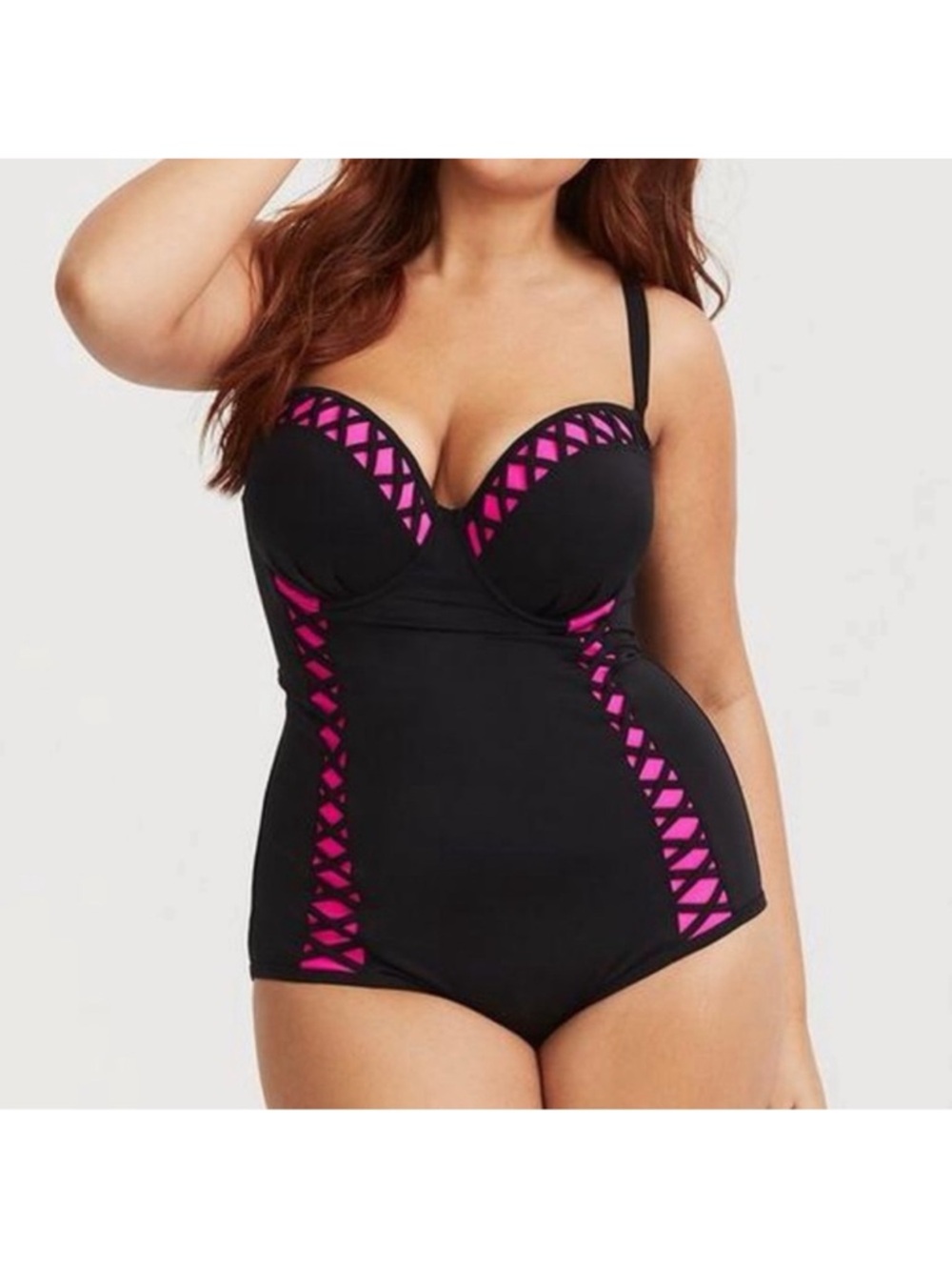 Torrid Black One-Piece Swim with Hot Pink Lattice Accents - Picture 2 of 6